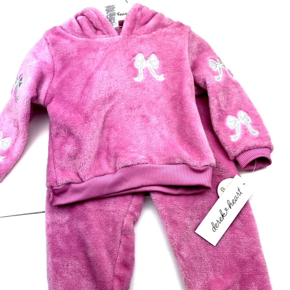 Derek Heart Baby Outfit Size 18m Fleece Hooded Sweatshirt Jogger pants Pink Bow